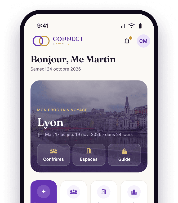 Écran d’accueil de l’app : prochain voyage à Lyon et raccourcis vers les confrères, les espaces et le guide