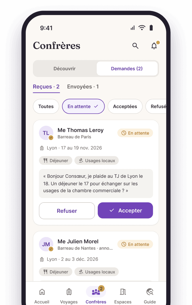 Écran « Demandes reçues » de l’app : deux invitations de confrères en attente